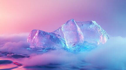 An iridescent ice sculpture glowing softly in shades of magenta