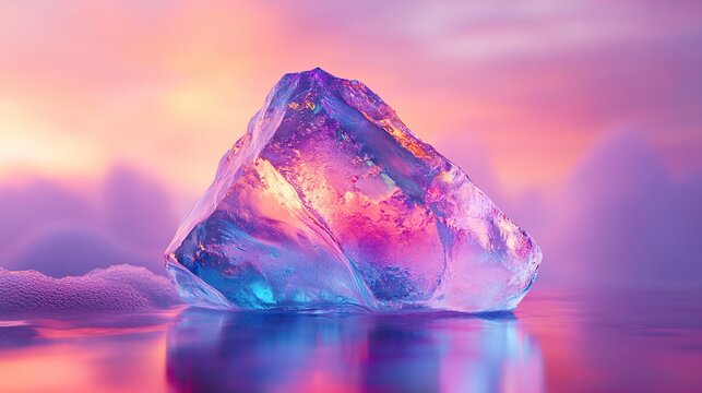 An iridescent ice sculpture glowing softly in shades of magenta - Powered by Adobe