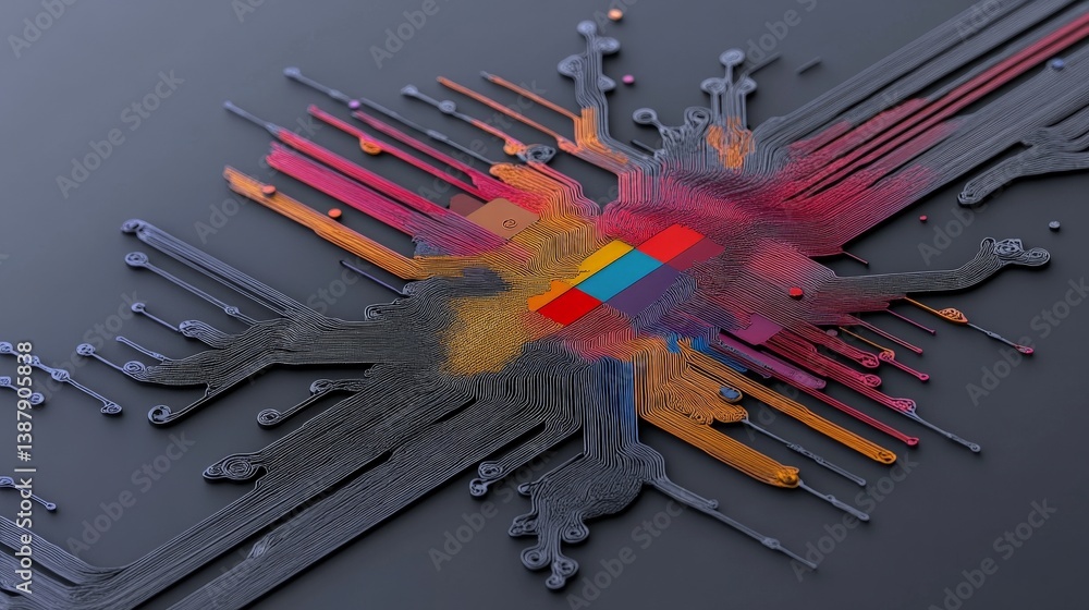 Poster abstract colorful circuit design with vibrant digital elements