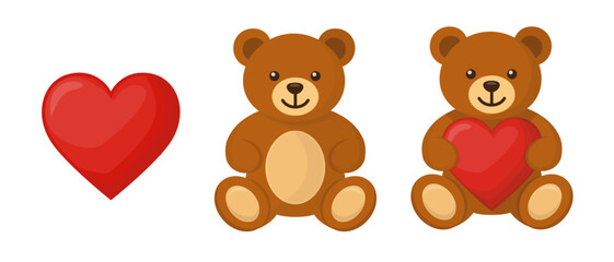 Red Heart and Cute Teddy Bears, One Holding a Heart