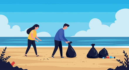 People picking up trash on sandy beach with blue sea background. World Environment Day