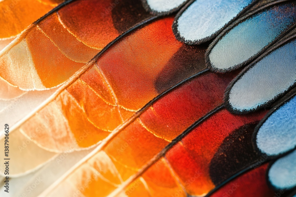 Poster close-up of vibrant butterfly wings showcasing intricate patterns and a gradient of warm and cool co