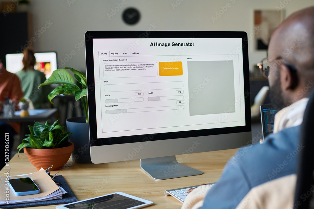 Poster Focus on screen of desktop computer with AI image generator being used by young male designer or tested by programmer
