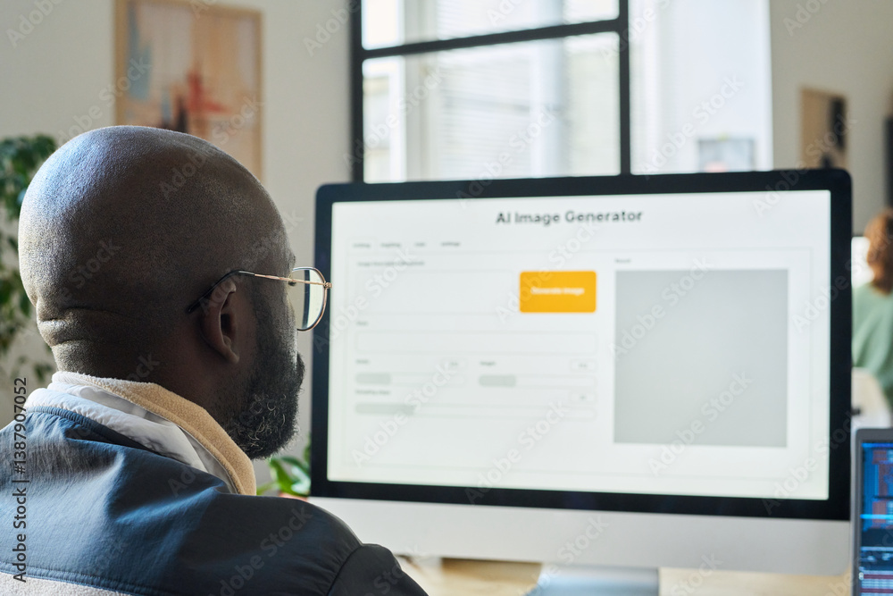 Aufkleber Focus on bald head of young African American designer sitting in front of desktop computer monitor and using AI image generator