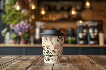 Coffee cup on wooden table in a coffee shop, mock-up