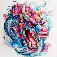 Colorful mythological dragon roaring showing teeth and horns
