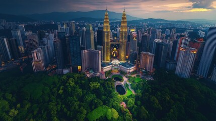 Obraz premium Dramatic aerial view of Kuala Lumpur's skyline with Petronas Towers and park below. Ideal for travel, architecture, and urban lifestyle.