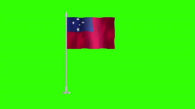 Flag of Samoa, Pole flag of Samoa on Green screen chroma key, Samoa 3D Animation flag waving in the wind isolated on Green Background. 
