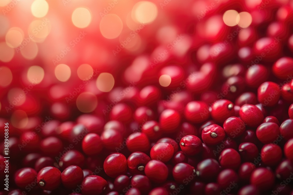 Poster a close-up shot of a pile of vibrant red cranberries, bokeh effect in the background.