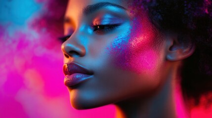 Neon-lit portrait of a woman with vibrant makeup
