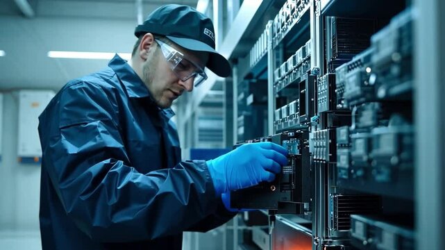 IT Engineer at Work: An IT engineer meticulously inspects a server rack. Capturing dedication and technological expertise in the data center.