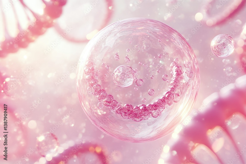 Aufkleber artistic rendering of a cell, showing internal structures and dna strands in a pink hue.