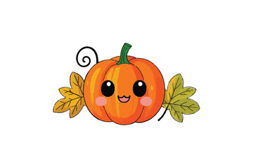 Cute Pumpkin Charm: Cartoon Vegetable with Leaf Accents, Whimsical Vector Illustration on White Background, Autumn Harvest Design.