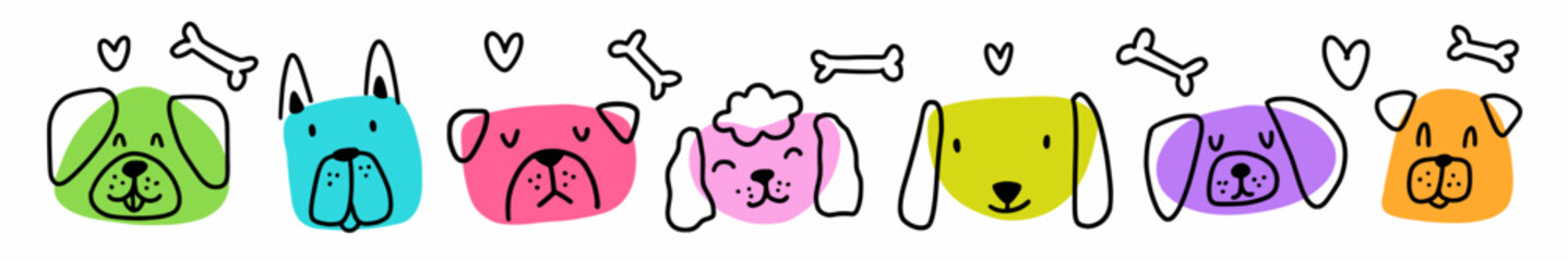 Horizontal collection of different dog faces, hand drawn in doodle style