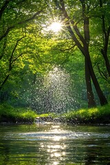 Obraz premium Sunlight streams through forest over creek