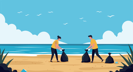 People picking up trash on sandy beach with blue sea background. World Environment Day