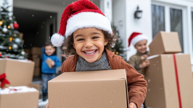 Happy Kids with Christmas Gifts, Winter Snow