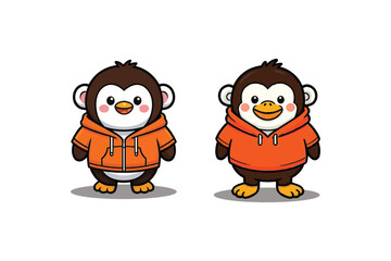 Obraz premium Adorable Cartoon Penguins in Cozy Orange Hoodies: Cute and Playful Animal Characters for Merchandise, Kids' Apparel, and Branding