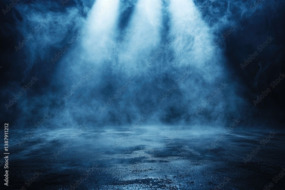 Poster dark blue smoky scene with three spotlights illuminating a wet ground, creating a mysterious and moo