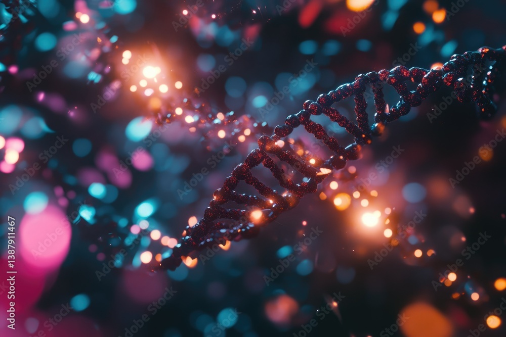 Poster a mesmerizing 3d rendering of a dna double helix, glowing with vibrant colors against a bokeh backgr