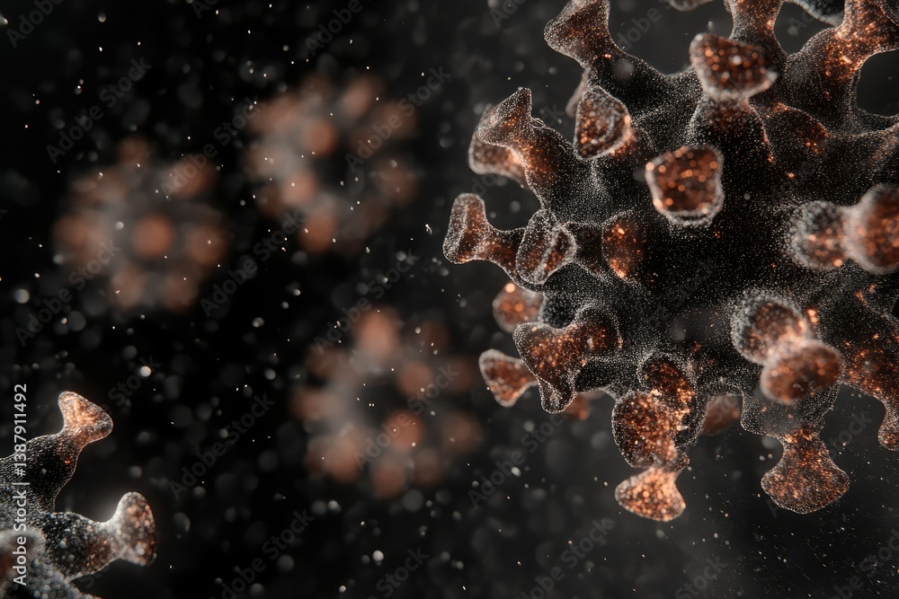 Poster microscopic view of a coronavirus, showcasing its spiky structure and particle dispersion.
