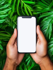 Blank Smartphone Screen in Lush Greenery - Person holding smartphone with blank screen, surrounded by vibrant green tropical leaves. Symbolizing technology, nature, connection, growth, and opportunity