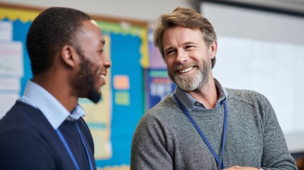 Obraz premium Candid Conversation Between Two Smiling, Bearded Male Teachers in a Contemporary Classroom Environment
