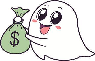 Obraz premium Kawaii Cartoon Ghost Holding Money Bag - Cute Vector Illustration