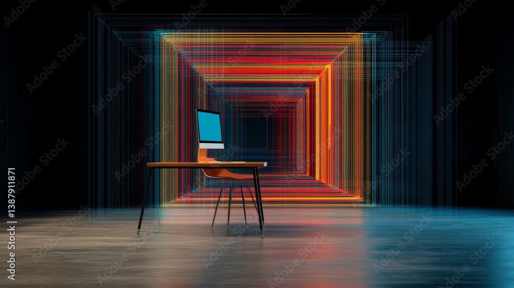 Poster futuristic workspace design with computer and neon light tunnel