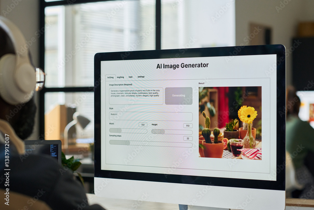 Fototapete focus on desktop computer screen with ai image generator standing on workplace in front of young mal