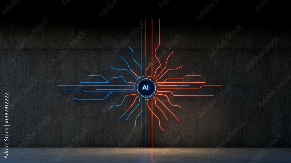Poster abstract ai circuit design with neon lights on dark background