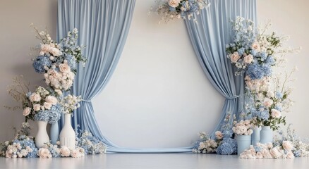 Blue curtains and floral arrangement create a beautiful backdrop scene