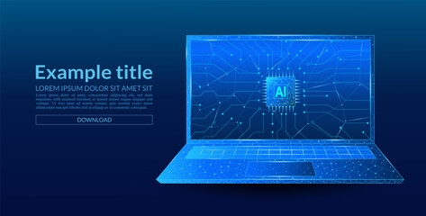 AI chip on a technological blue digital laptop monitor. Abstract background of digital technological innovation. Computer processor with circuit elements in light blue on a technological background