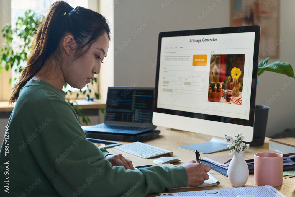 Poster Side view of young serious Chinese woman taking notes in notepad while sitting in front of computer with image generator on screen