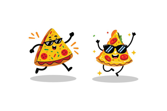 Dancing Pizza Slices: Fun Cartoon Characters with Sunglasses, Playful Vector Illustration with Sparkles on White Background, Food Art Design.