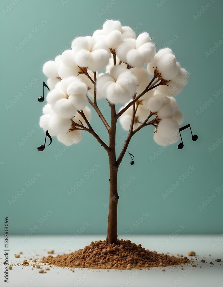 Poster a whimsical tree with cotton blooms and floating music notes, set against a soft teal background