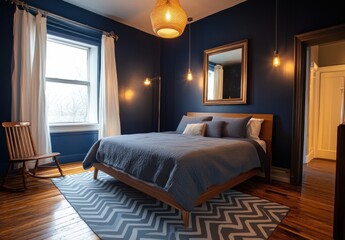 A cozy bedroom interior featuring soft lighting and comfortable furniture