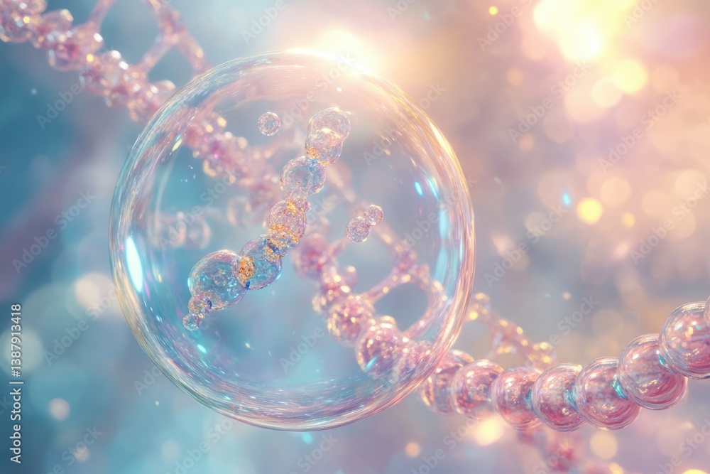 Poster a dna strand encapsulated within a translucent bubble, shimmering with pastel hues and soft bokeh.
