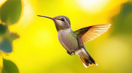 Fototapeta premium Vibrant hummingbird captured in flight with outstretched wings. Great for wildlife, nature, and motion themes.