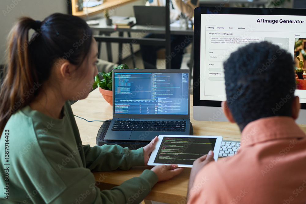 Poster male and female designers sitting by workplace in office and looking at screen of desktop computer w