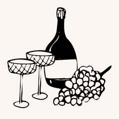 Hand drawn outline dinner vector composition with wine bottle, glasses and grapes. illustration in sketch whimsical line art style. For menu design, label, packaging, kitchen decor, engraving projects
