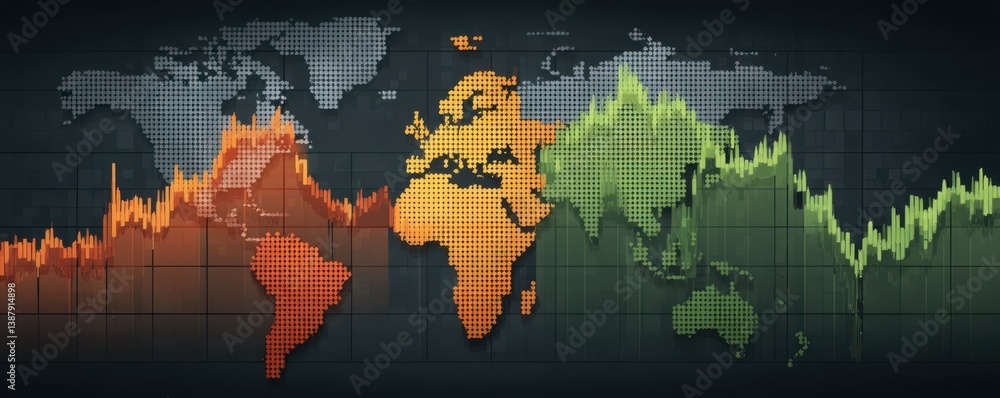 Poster a colorful, pixelated world map displaying varying data trends in different regions, suggesting econ