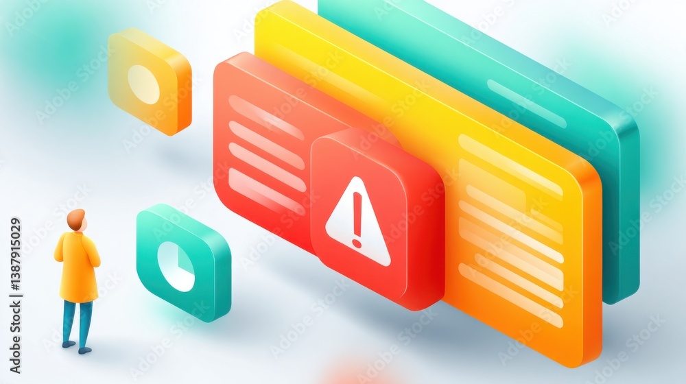 Poster a digital illustration depicting a person interacting with colorful alert notifications and data pan