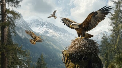 Majestic eagle on nest, two others soaring, snowy mountain backdrop