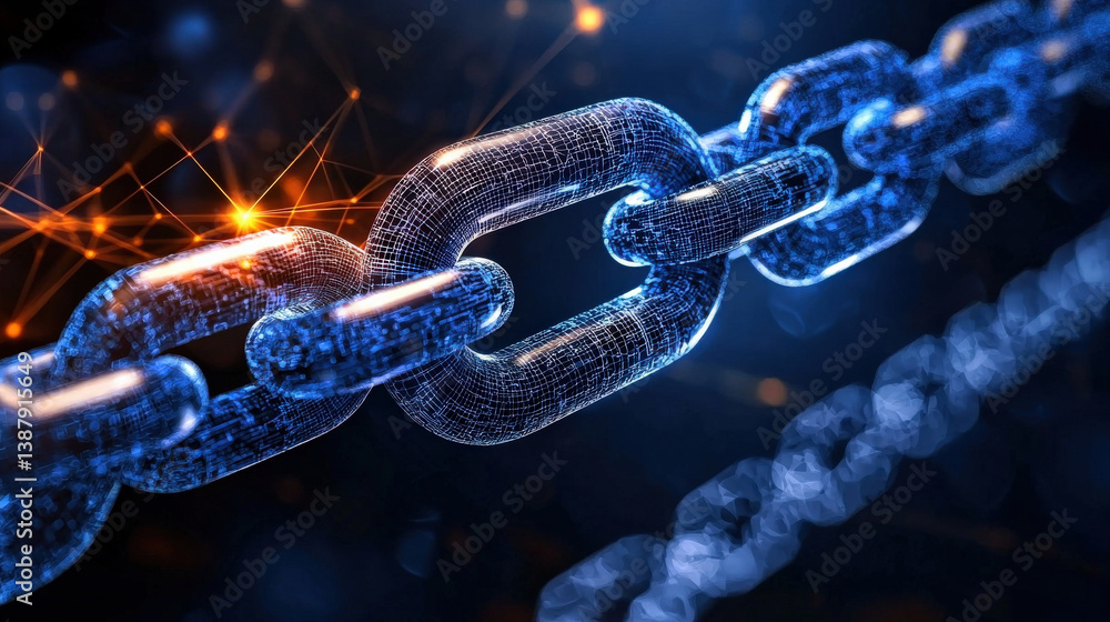 Poster digital visualization of glowing blockchain chain link, symbolizing secure data transfer and technology. image features network of interconnected nodes