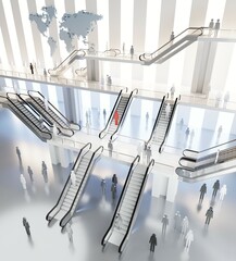 Modern business centre lobby with escalators and people going up and down, business and success concept 3D rendering