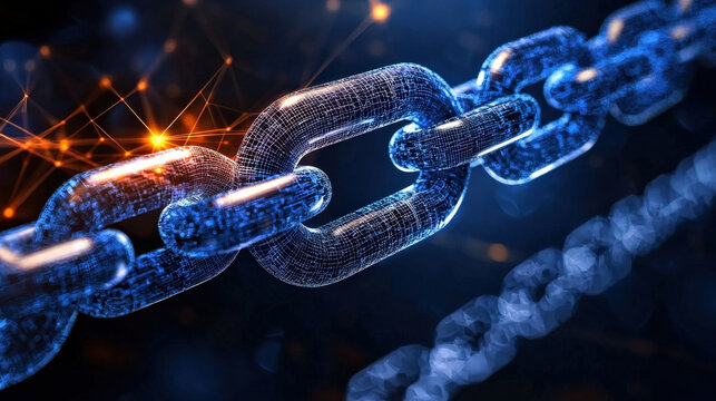 digital visualization of glowing blockchain chain link, symbolizing secure data transfer and technology. image features network of interconnected nodes