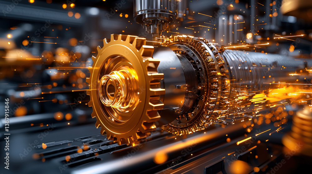 Poster close up of metallic gear in motion, surrounded by dynamic sparks, showcasing industrial machinery a