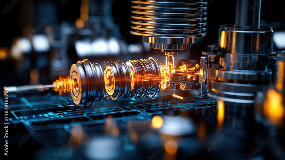 Poster futuristic factory scene showcases advanced machinery with glowing components, highlighting precision engineering and innovation. vibrant colors and intricate details evoke sense of technological