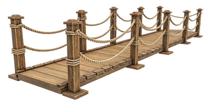 3d model of a wooden rope bridge multiple angle isolated on white background, PNG